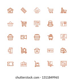 Editable 25 purchase icons for web and mobile. Set of purchase included icons line Online shopping, Trolley, Delivery cart, Online shop, Coupon, Cards, Shopping basket on white background