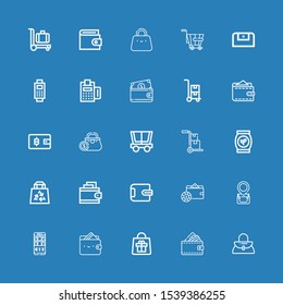 Editable 25 purse icons for web and mobile. Set of purse included icons line Handbag, Wallet, Bag, Trolley, Purse, Payment on blue background