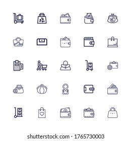 Editable 25 purse icons for web and mobile. Set of purse included icons line Bag, Wallet, Trolley, Purse, Handbag, Shopping, Payment on white background