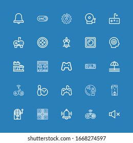 Editable 25 push icons for web and mobile. Set of push included icons line Mute, Gamepad, Alarm, Game, Bingo, Bowling, Bell, Joystick, Control panel, Loader on blue background