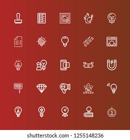 Editable 25 quality icons for web and mobile. Set of quality included icons line Discount, Idea, Webcam, Satisfaction, Hairdryer, Diamond, Question, Content, Ribbon, Spike on red