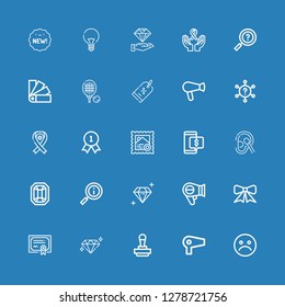 Editable 25 quality icons for web and mobile. Set of quality included icons line Unhappy, Hair dryer, Stamp, Diamond, Merit, Ribbon, Hairdryer, Information on blue background