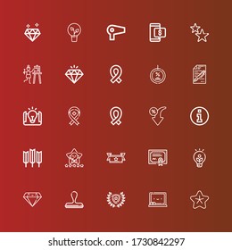 Editable 25 quality icons for web and mobile. Set of quality included icons line Star, Chalkboard, Winner, Stamp, Diamond, Idea, Merit, Ribbon, Satisfaction, Wheat, Information on red