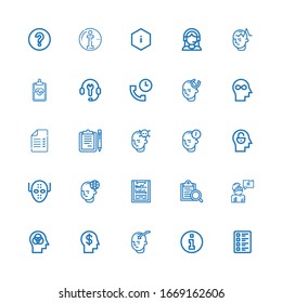 Editable 25 question icons for web and mobile. Set of question included icons line Test, Information, Mind, Answer, Clipboard, Serial killer, Clipboards, Support on white background