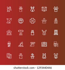 Editable 25 rabbit icons for web and mobile. Set of rabbit included icons line Rabbit, Magic, Tarot, Magician, Veterinary, Trick, Pet, Hamster, Animal, Magic hat on red