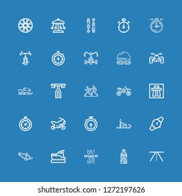 Editable 25 race icons for web and mobile. Set of race included icons line Road, Skier, Kayak, Yatch, Bmx, Watch, Luge, Chronometer, Motorbike, Stopclock, Motorway on blue background