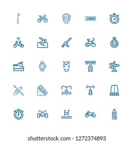 Editable 25 race icons for web and mobile. Set of race included icons line Skier, Motorbike, Swim, Quad, Stopclock, Road, Bicycle, Luge, Kayak, Street, Handlebar on white background
