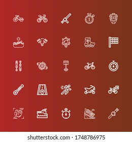 Editable 25 race icons for web and mobile. Set of race included icons line Watch, Luge, Stop watch, Yatch, Motion, Bicycle, Motorbike, Running, Road, Suspension, Stopwatch on red