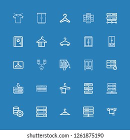 Editable 25 rack icons for web and mobile. Set of rack included icons line Clothes hanger, Server, Clothing hanger, Hanger, Wardrobe, Barrel organ, Servers on blue background