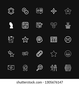 Editable 25 rating icons for web and mobile. Set of rating included icons line Feedback, Satisfaction, Favorites, Recommendation, Happy, Favourite, Hugh, Star on black background