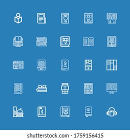 Editable 25 iconos de lectura para web y móvil. Juego de lecturas incluidas línea de iconos Audiobook, Book, Books, Ebook, Ereader, Booking, Magazine, líneas de texto, Leer sobre fondo azul