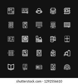 Editable 25 reader icons for web and mobile. Set of reader included icons line Book, Scanner, Books, Payment terminal, Ebook, Audiobook on black background