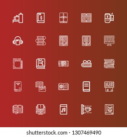 Editable 25 reader icons for web and mobile. Set of reader included icons line Book, Scan, Audiobook, Books, Ebook, Payment terminal, Scanner on red