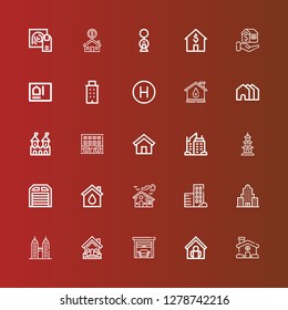 Editable 25 real icons for web and mobile. Set of real included icons line House, Home, Garage, Building, Skyscraper, Real estate, Eco house, Buildings, Fortress, Houses on red