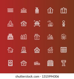 Editable 25 real icons for web and mobile. Set of real included icons line Architecture, Garage, House, Home, Roof, Skyscraper, Building, Fingerprint, Real estate, Mansion on red