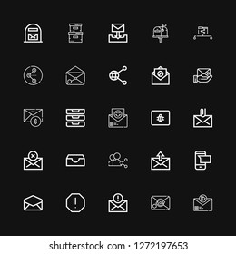 Editable 25 receive icons for web and mobile. Set of receive included icons line Email, Mail, Spam, Sms, Share, Inbox, Inboxes, Envelope, Data share, Storage box on black background