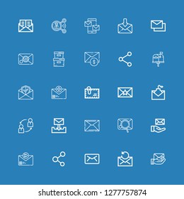 Editable 25 receive icons for web and mobile. Set of receive included icons line Envelope, Mail, Email, Share, Sharing, Storage box, Mails on blue background