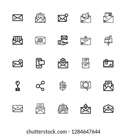 Editable 25 receive icons for web and mobile. Set of receive included icons line Email, Mail, Envelope, Send data, Share, Storage box, Sms on white background