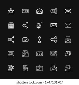 Editable 25 receive icons for web and mobile. Set of receive included icons line Email, Mail, Storage box, Envelope, Mms, Share, Inbox, Mail box on black background