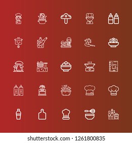 Editable 25 recipe icons for web and mobile. Set of recipe included icons line Cooking, Whisk, Cutting board, Shaker, Chef, Nachos, Sauce, Recipe book, Salad, Fryer, Mushrooms on red