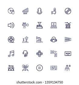 Editable 25 record icons for web and mobile. Set of record included icons line DJ, Turntable, Pause, Microphone, Drum, Cassette, Music, Buttons, Audio guide on white background