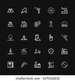 Editable 25 recreation icons for web and mobile. Set of recreation included icons line Tennis ball, Hiking, Swimming pool, Dominoes, Billiard, Wakeboarding on black background