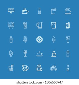 Editable 25 refreshment icons for web and mobile. Set of refreshment included icons line Juice, Ice cream truck, Bottle, Drink, Water bottle, Coffee cup, Cup on blue background