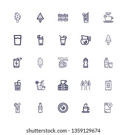 Editable 25 refreshment icons for web and mobile. Set of refreshment included icons line Drink, Coffee cup, Can, Plastic bottle, Lemonade, Save water, Break on white background