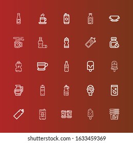Editable 25 refreshment icons for web and mobile. Set of refreshment included icons line Cup, Popsicle, Coffee cup, Drink, Bottle, Soda, Icecream, Water bottle, Lemonade on red