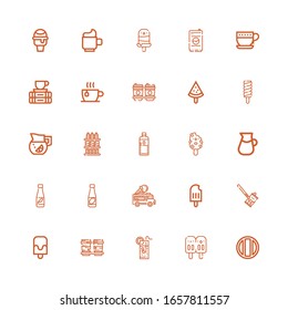 Editable 25 refreshment icons for web and mobile. Set of refreshment included icons line Soda, Popsicle, Lemonade, Coffee cup, Soda can, Ice cream truck, Juice on white background