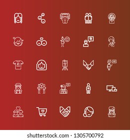 Editable 25 relationship icons for web and mobile. Set of relationship included icons line Girl, Woman, Handshake, Solidarity, Couple, Devices, Friend, Greeting, Agreement on red