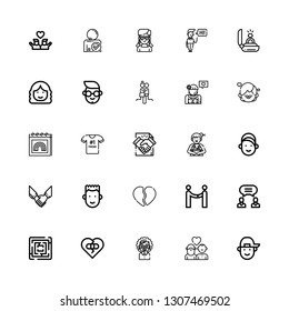 Editable 25 relationship icons for web and mobile. Set of relationship included icons line Boy, Couple, Woman, Broken heart, Labyrinth, Agreement, Girl, Deal on white background