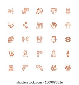 Editable 25 relationship icons for web and mobile. Set of relationship included icons line Boy, Friends, Devices, Greeting, Woman, Friend, Heartbreak, Solidarity on white background