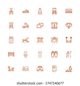 Editable 25 relax icons for web and mobile. Set of relax included icons line Rest area, Relax, Chairs, Beach, Bench, Golfer, Sandals, Lounge chair, Pacifier on white background