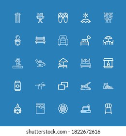 Editable 25 relax icons for web and mobile. Set of relax included icons line Chair, Treadmill, Spiritual, Bed, Buddha, Sandals, Bench, Pillows, Yoga, Can, Well on blue background