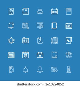 Editable 25 reminder icons for web and mobile. Set of reminder included icons line List, Schedule, Notification, Bell, Memorize, Sticky note, Calendar, Agenda on blue background
