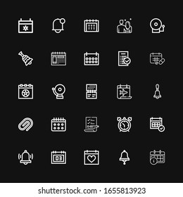 Editable 25 reminder icons for web and mobile. Set of reminder included icons line Calendar, Bell, Alarm, Alarm clock, List, Paper clip, Schedule, Tasks, Alarm bell on black background