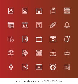 Editable 25 iconos de recordatorio para web y móvil. Conjunto de recordatorios incluidos iconos línea Programación, alarma, fecha, agenda, Pushpin, Campana, Clips, Calendario, cita médica, Notificación en rojo