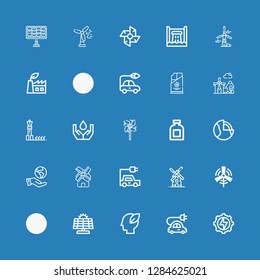 Editable 25 renewable icons for web and mobile. Set of renewable included icons line Energy, Electric car, Ecology, Solar panel, Nuclear energy, Eolic energy on blue background