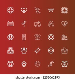 Editable 25 rescue icons for web and mobile. Set of rescue included icons line Lifesaver, Charity, Firefighter, Donation, Stretcher, Hospital, Ambulance, Emergency call on red