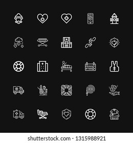 Editable 25 rescue icons for web and mobile. Set of rescue included icons line Clothes donation, Lifesaver, Charity, Stretcher, Ambulance, Donation, Hose, Lifejacket on black background