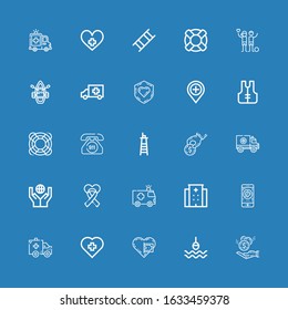 Editable 25 rescue icons for web and mobile. Set of rescue included icons line Donation, Buoy, Hospital, Ambulance, Charity, Donate, Lifeguard, Emergency call on blue background