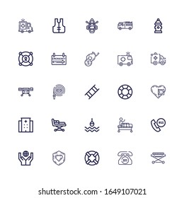 Editable 25 rescue icons for web and mobile. Set of rescue included icons line Stretcher, Emergency call, Lifesaver, Charity, Donation, Gurney, Buoy, Hospital on white background