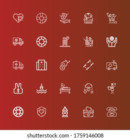 Editable 25 rescue icons for web and mobile. Set of rescue included icons line Emergency call, Donation, Hydrant, Charity, Lifesaver, Gurney, Buoy, Lifejacket, Ambulance on red