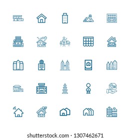 Editable 25 residential icons for web and mobile. Set of residential included icons line Building, Houses, House, Mortgage, Buildings, Mansion, Roof, Shelter on white background