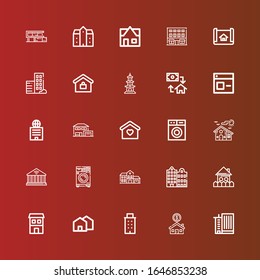Editable 25 residential icons for web and mobile. Set of residential included icons line Office building, House, Building, Duplex, Washing machine, Home, Window, Mortgage on red