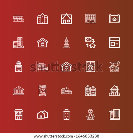 Editable 25 residential icons for web and mobile. Set of residential included icons line Office building, House, Building, Duplex, Washing machine, Home, Window, Mortgage on red