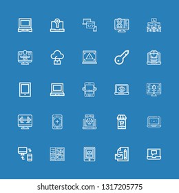 Editable 25 responsive icons for web and mobile. Set of responsive included icons line Laptop, Branding, Tablet, Computer, Responsive, Market, Keyword, Devices on blue background