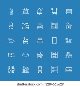 Editable 25 rest icons for web and mobile. Set of rest included icons line Bench, Bunk bed, Chair, Restrooms, Candle making, Sleeping mask, Swimsuit, Carpet on blue background