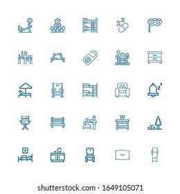 Editable 25 rest icons for web and mobile. Set of rest included icons line Lounge chair, Pillow, Chair, Bathroom, Medical bed, Rest area, Nightstand, Bedtime on white background